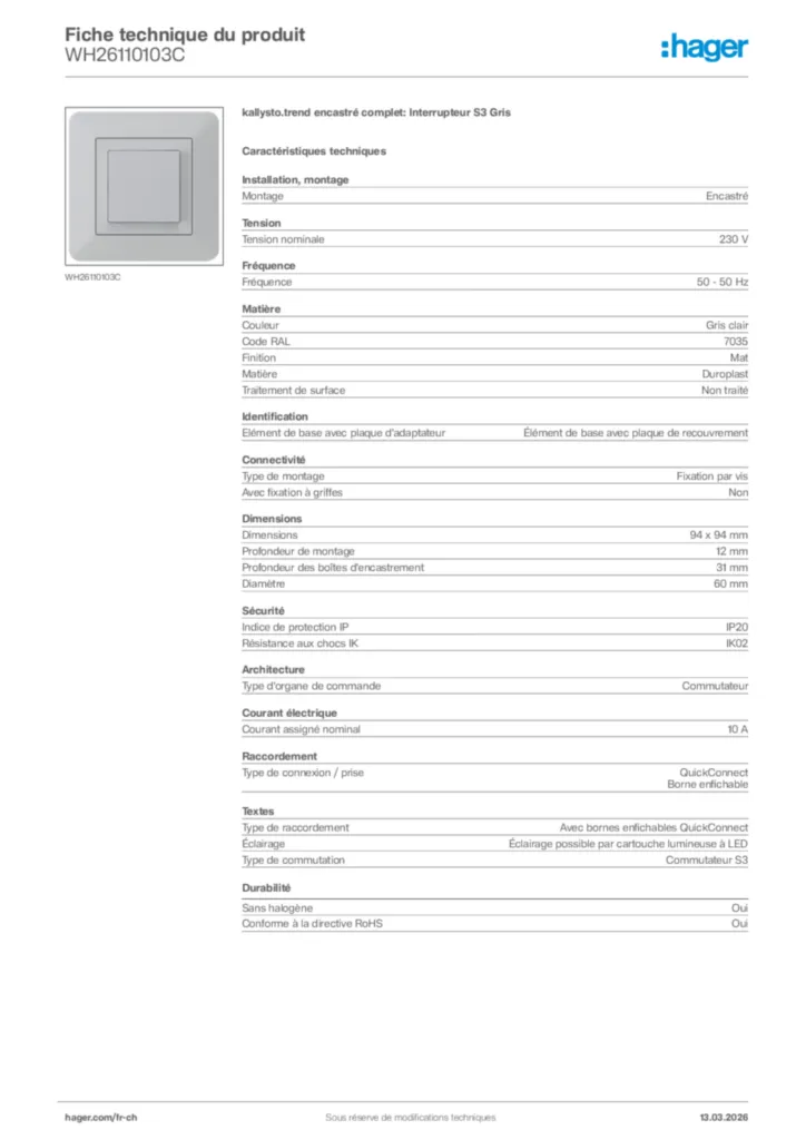 Image Hager Fiche technique du produit WH26110103C | Hager Suisse