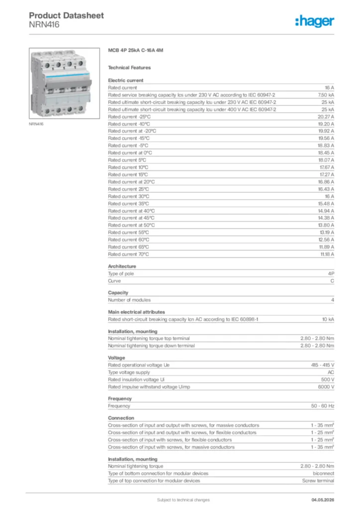 Image Hager Product data sheet NRN416  | Hager Africa