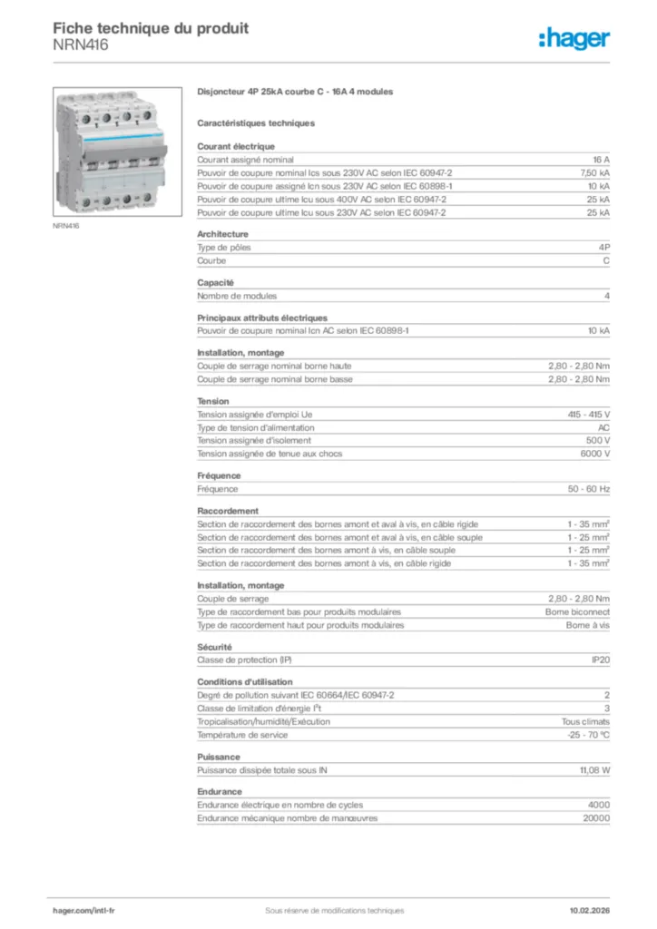 Image Hager Fiche technique du produit NRN416 | Hager Afrique