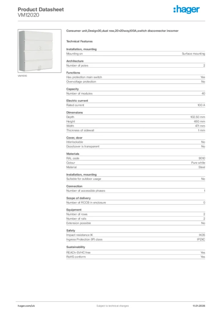 Image Hager Product data sheet VM12020  | Hager