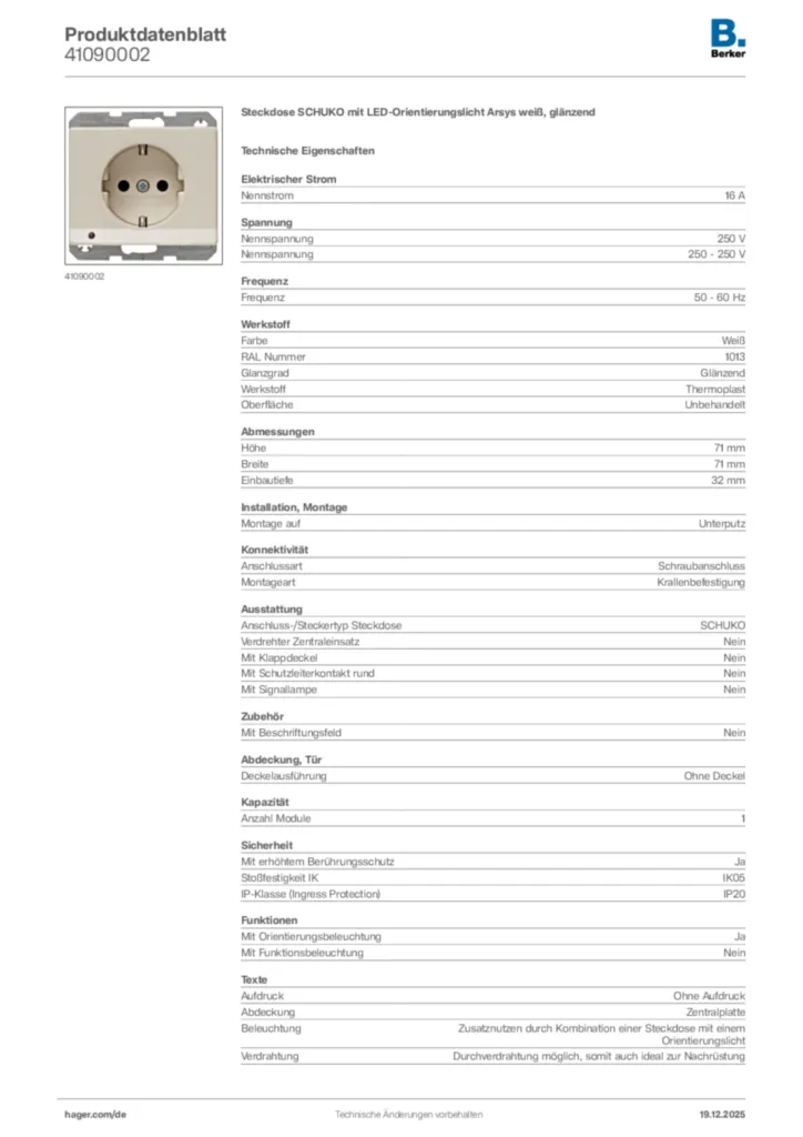 Bild Berker Produktdatenblatt 41090002 | Hager Deutschland