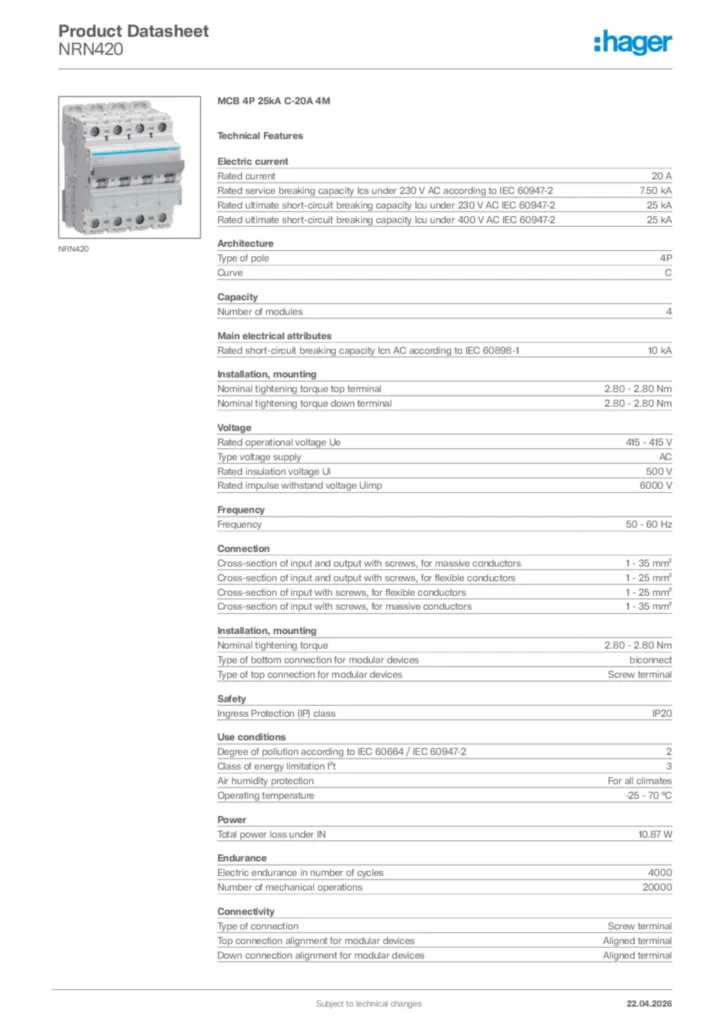 Image Hager Product data sheet NRN420  | Hager Africa