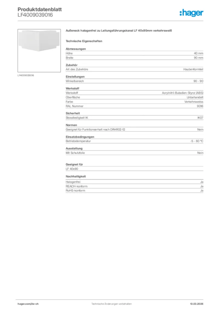 Bild Hager Produktdatenblatt LF4009039016 | Hager Schweiz