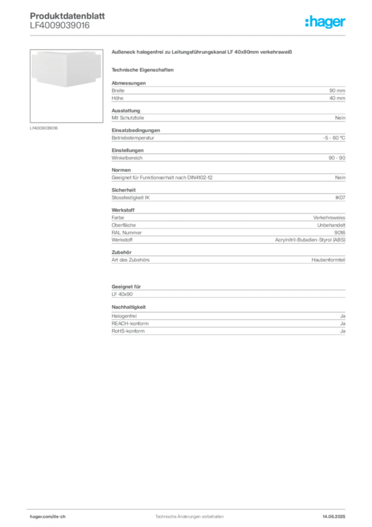 Bild Hager Produktdatenblatt LF4009039016 | Hager Schweiz