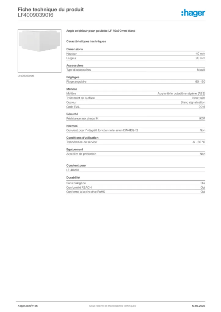 Image Hager Fiche technique du produit LF4009039016 | Hager Suisse