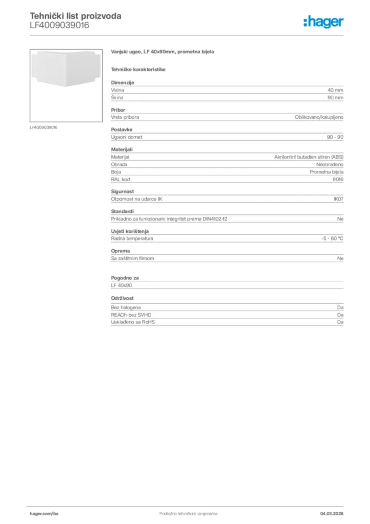 Slika Hager Tehnički list proizvoda LF4009039016  | Hager