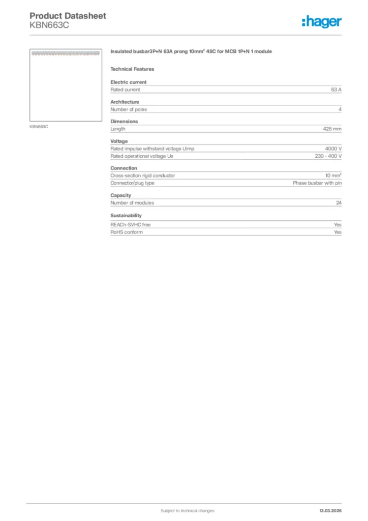 Image Hager Product data sheet KBN663C  | Hager Africa
