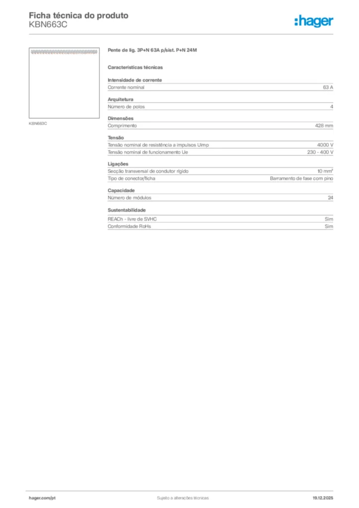 Imagem Hager Ficha técnica do produto KBN663C | Hager Portugal