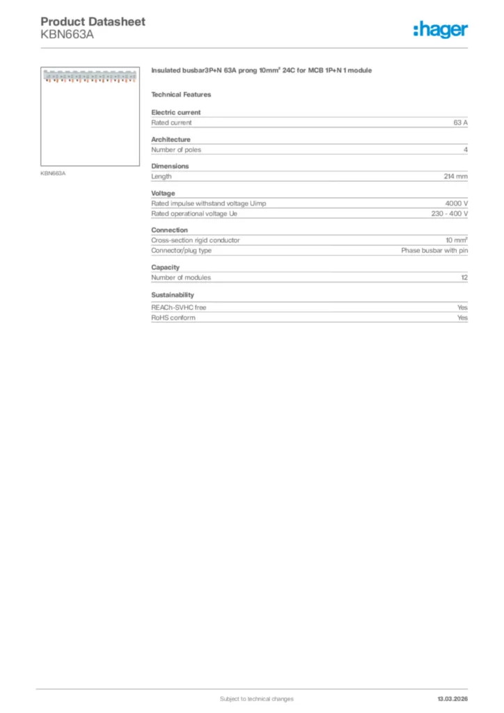 Image Hager Product data sheet KBN663A  | Hager Africa