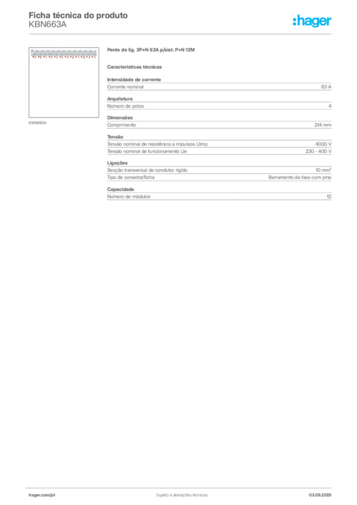 Imagem Hager Ficha técnica do produto KBN663A | Hager Portugal