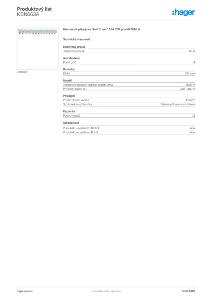 Obrázek Hager Product data sheet KBN663A | Hager