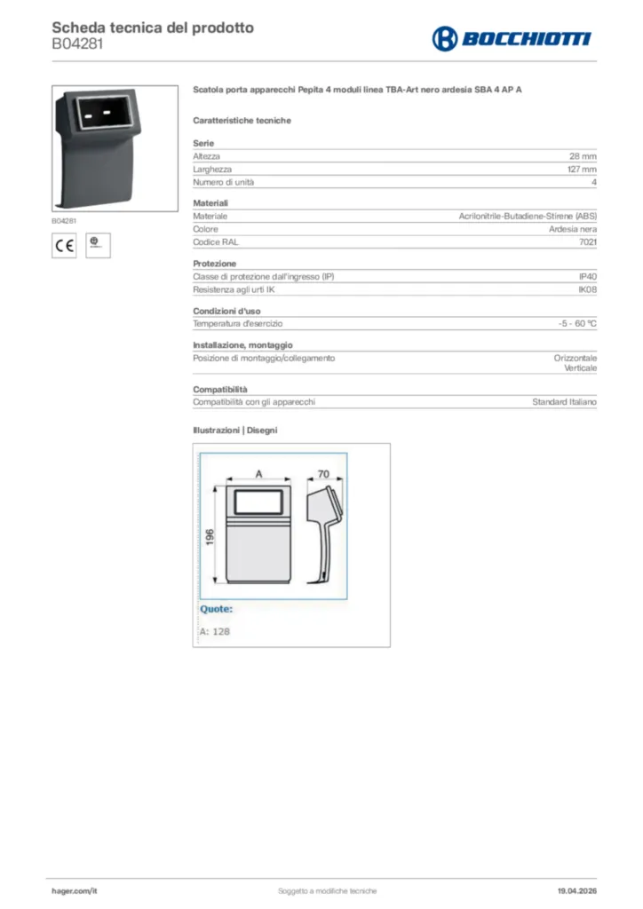 Immagine Bocchiotti Scheda tecnica del prodotto B04281 | Hager Italia