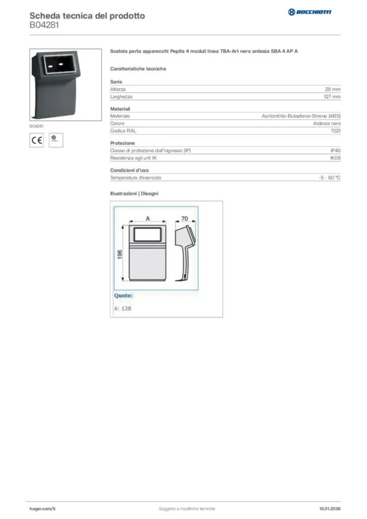 Immagine Bocchiotti Scheda tecnica del prodotto B04281 | Hager Italia