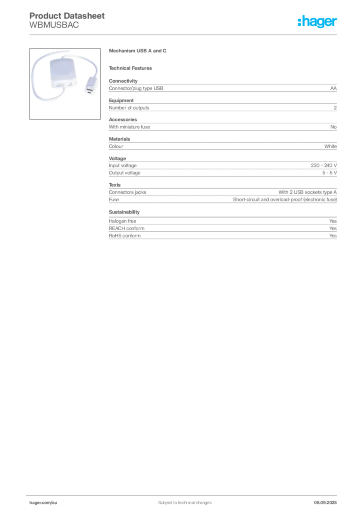 Image Hager Product data sheet WBMUSBAC  | Hager Australia