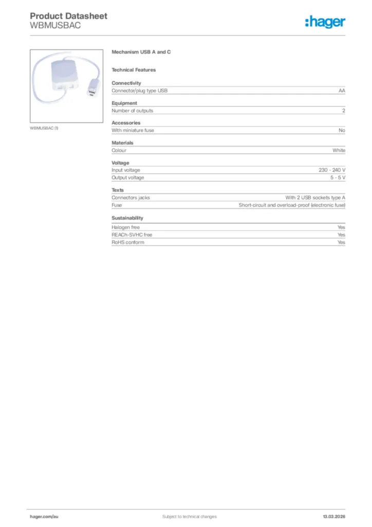 Image Hager Product data sheet WBMUSBAC  | Hager Australia