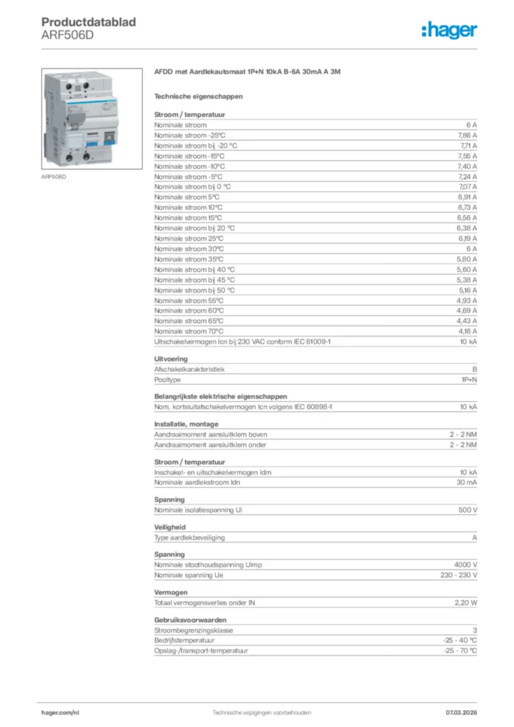 Afbeelding Hager Productdatablad ARF506D | Hager Nederland