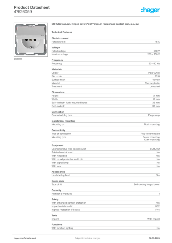 Image Hager Product data sheet 47526059  | Hager