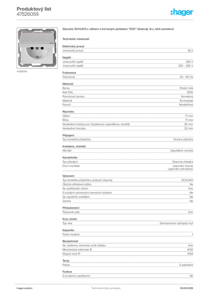 Obrázek Hager Produktový list 47526059 | Hager