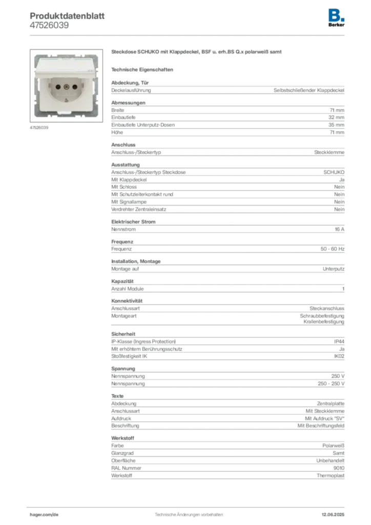 Bild Berker Produktdatenblatt 47526039 | Hager Deutschland