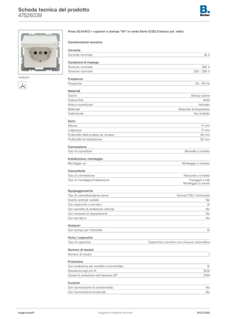 Immagine Berker Scheda tecnica del prodotto 47526039 | Hager Italia