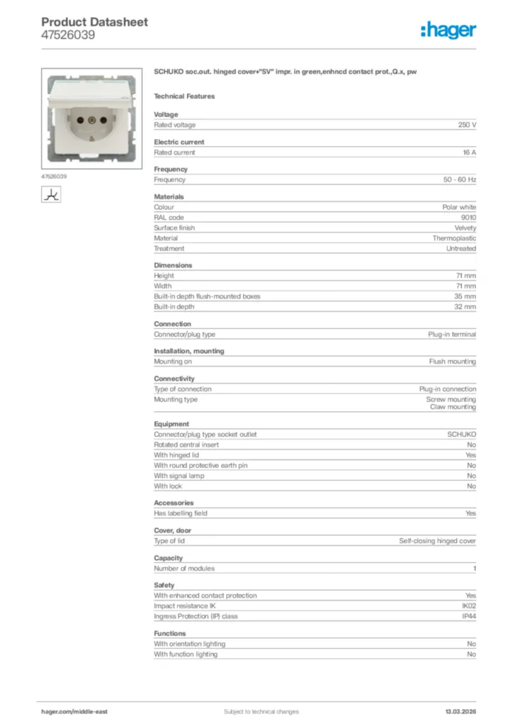 Image Hager Product data sheet 47526039  | Hager