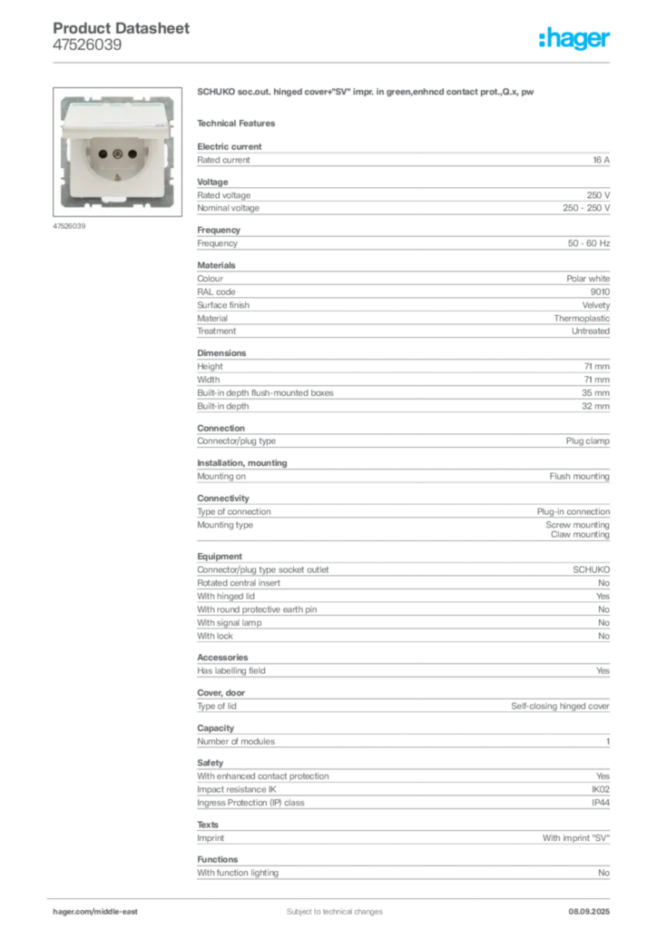 Image Hager Product data sheet 47526039  | Hager