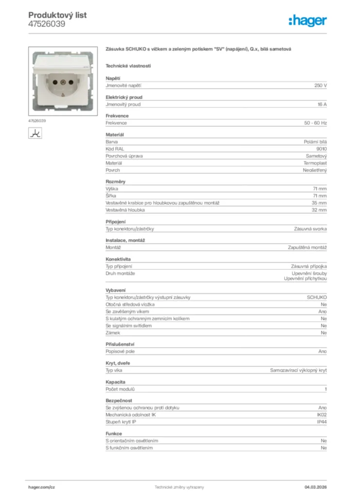 Obrázek Hager Product data sheet 47526039 | Hager