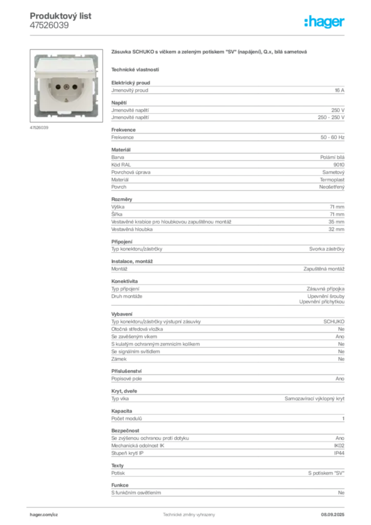 Obrázek Hager Produktový list 47526039 | Hager