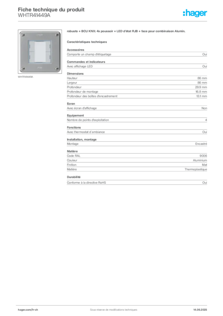 Image Hager Fiche technique du produit WHTR41449A | Hager Suisse