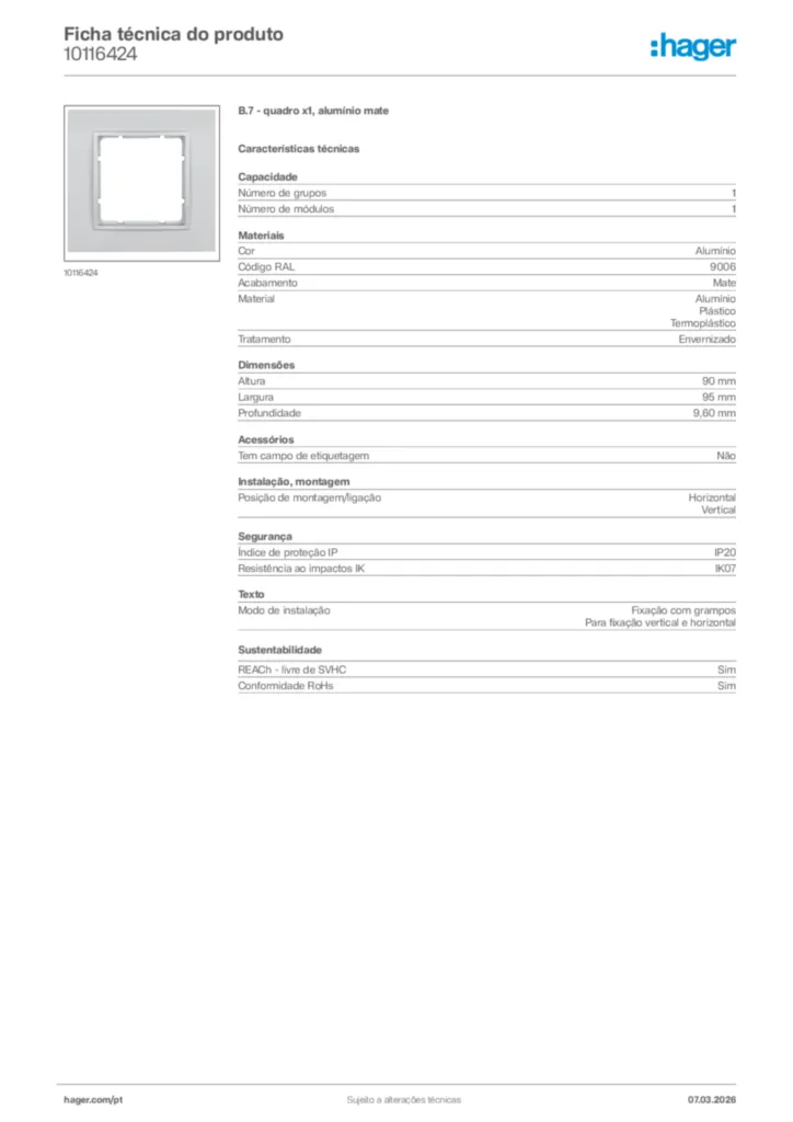 Imagem Hager Ficha técnica do produto 10116424 | Hager Portugal