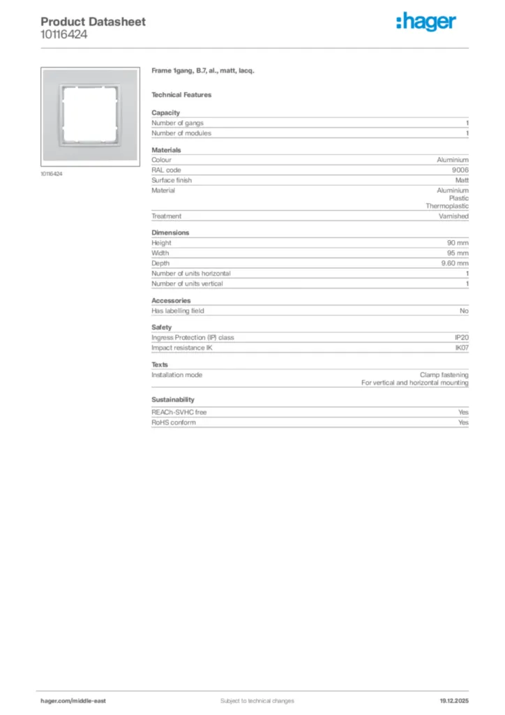 Image Hager Product data sheet 10116424  | Hager