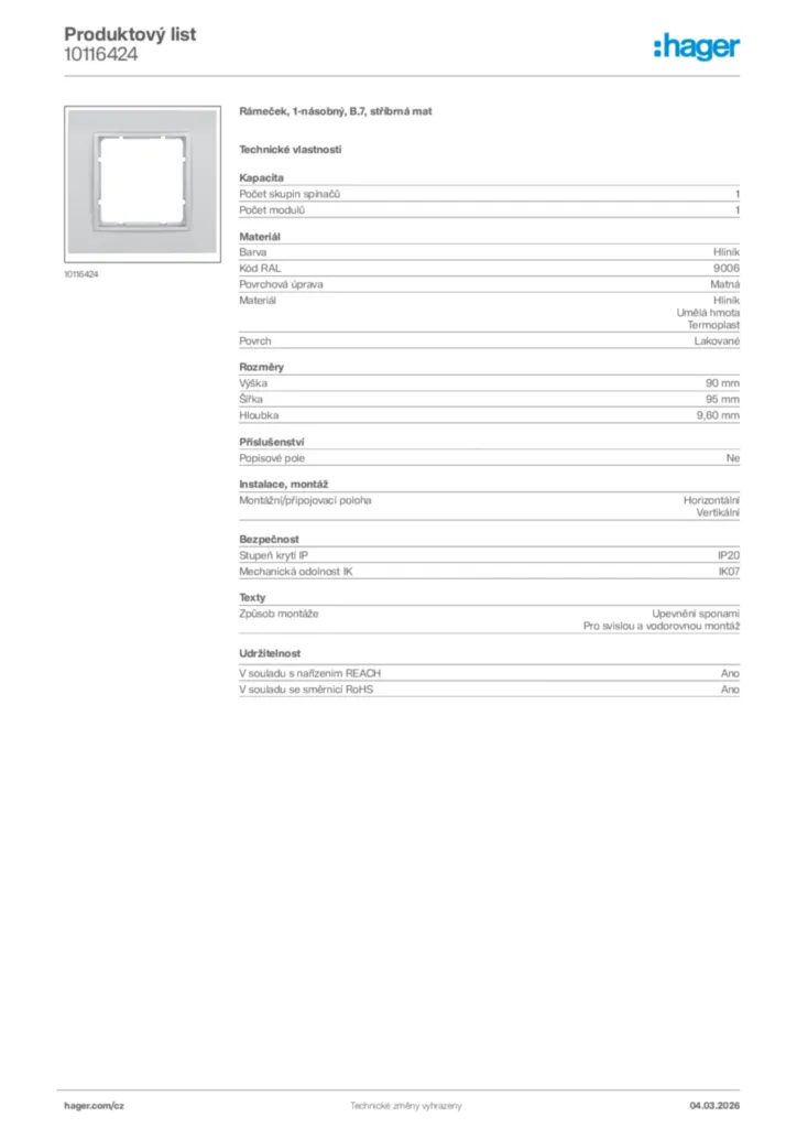 Obrázek Hager Product data sheet 10116424 | Hager