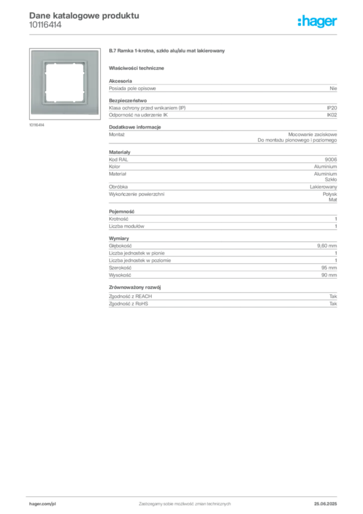 Zdjęcie Hager Karta katalogowa 10116414 | Hager Polska