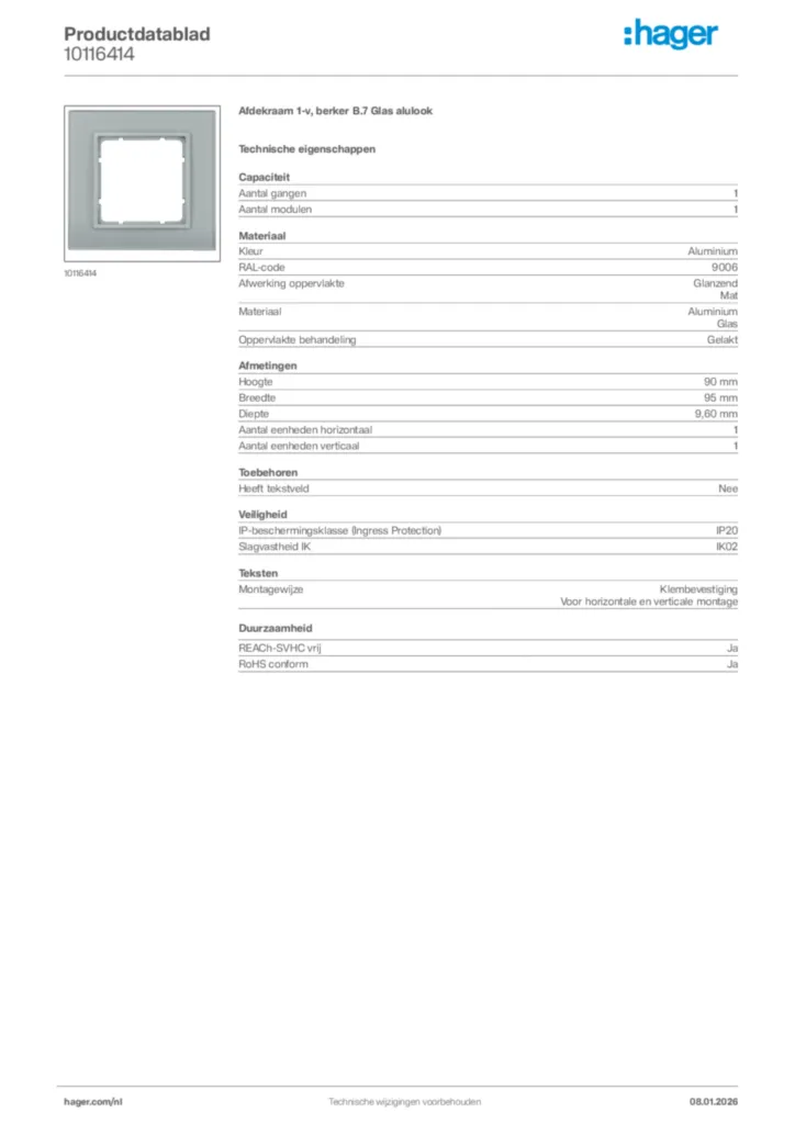 Afbeelding Hager Productdatablad 10116414 | Hager Nederland