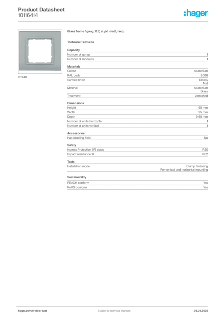 Image Hager Product data sheet 10116414  | Hager