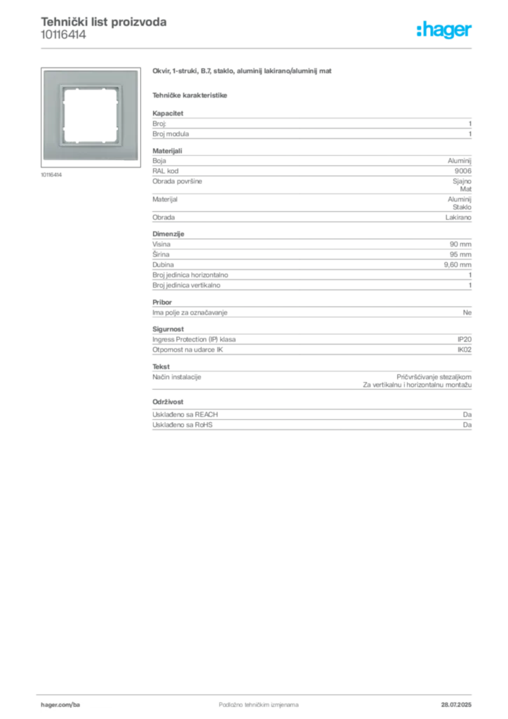 Slika Hager Product data sheet 10116414  | Hager