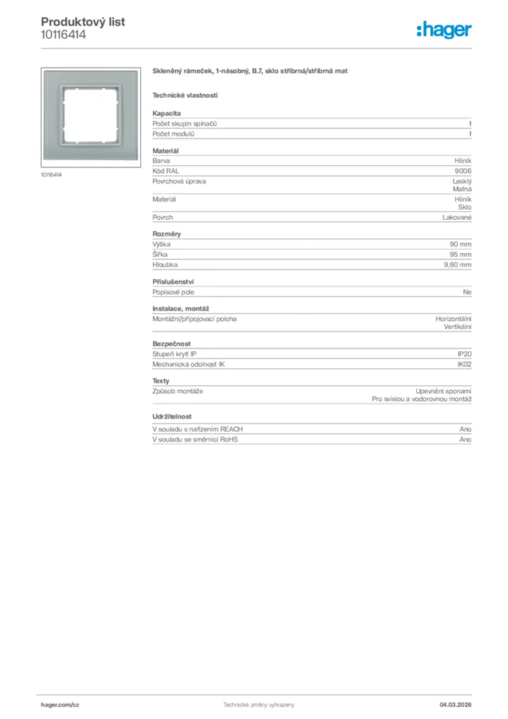 Obrázek Hager Product data sheet 10116414 | Hager