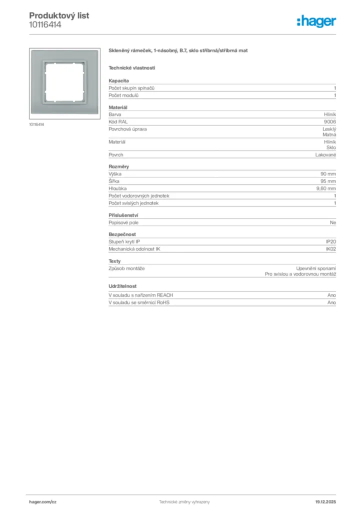 Obrázek Hager Produktový list 10116414 | Hager
