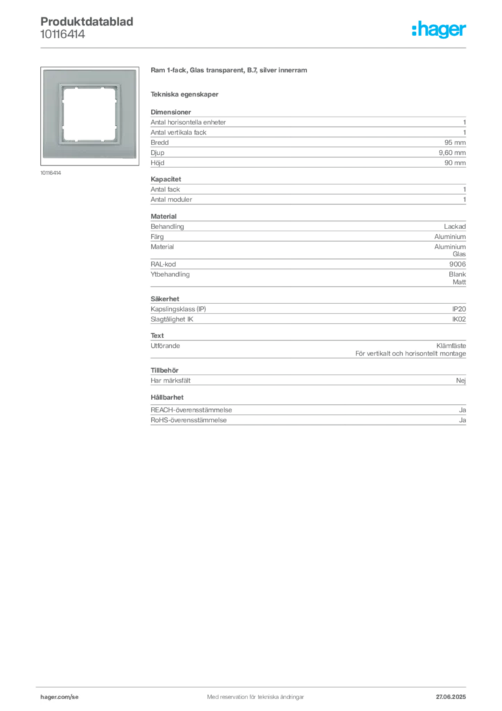 Bild Hager Produktdatablad 10116414 | Hager Sverige