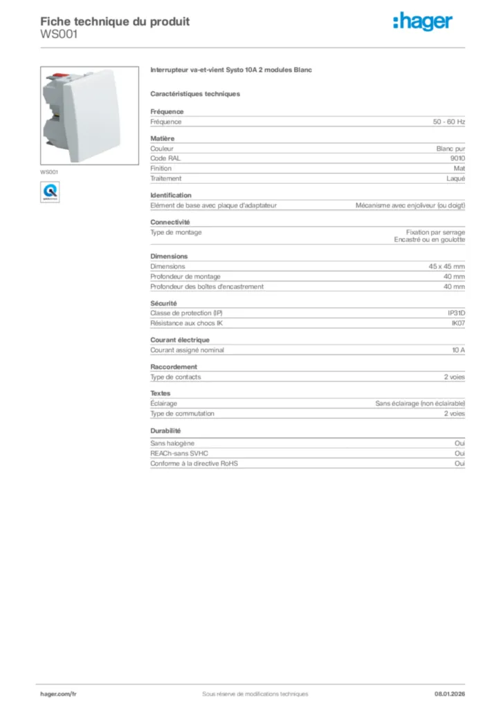 Image Hager Fiche technique du produit WS001 | Hager France