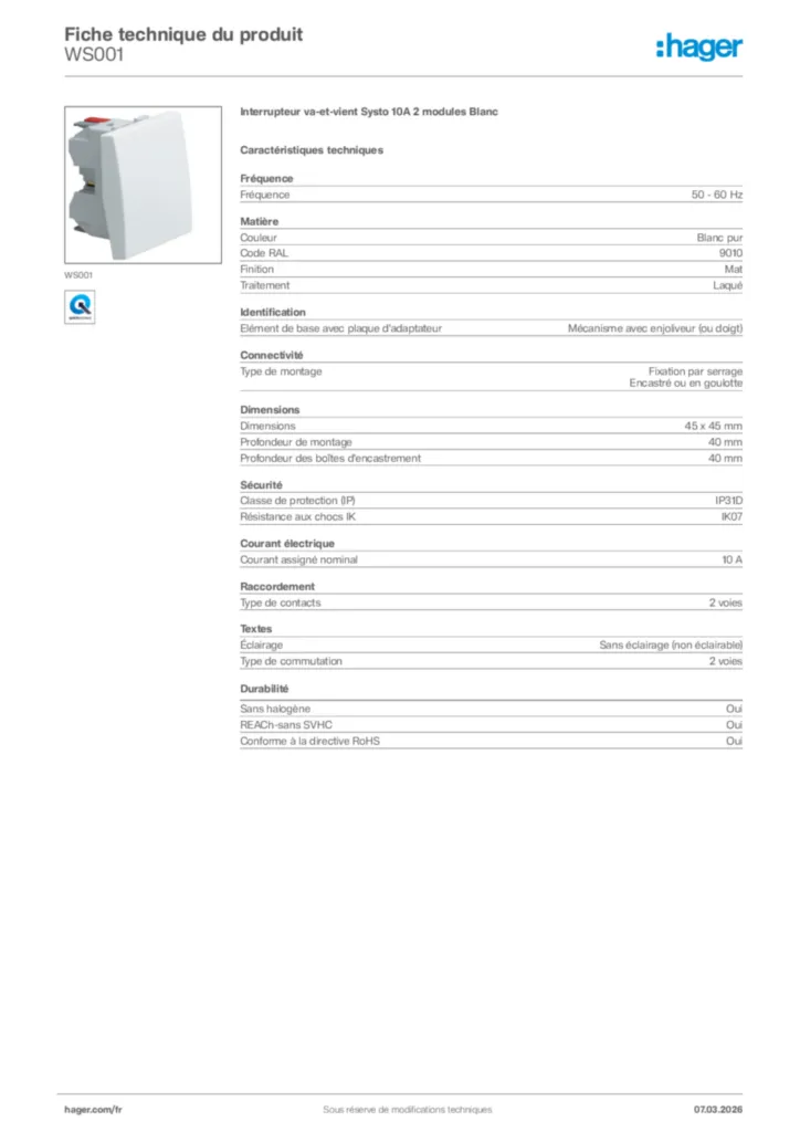 Image Hager Fiche technique du produit WS001 | Hager France