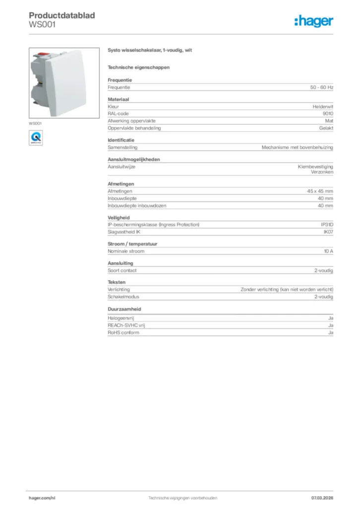 Afbeelding Hager Productdatablad WS001 | Hager Nederland