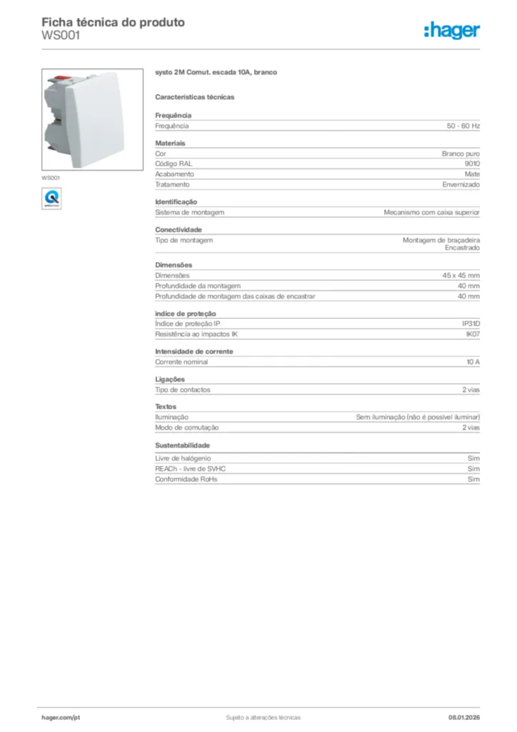 Imagem Hager Ficha técnica do produto WS001 | Hager Portugal