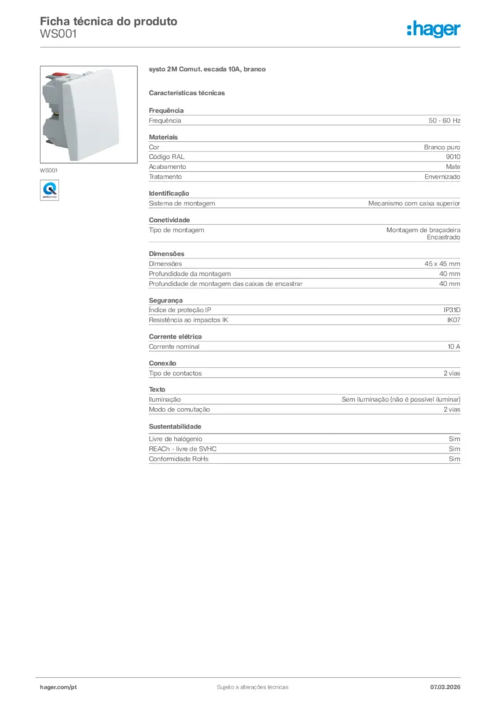 Imagem Hager Ficha técnica do produto WS001 | Hager Portugal