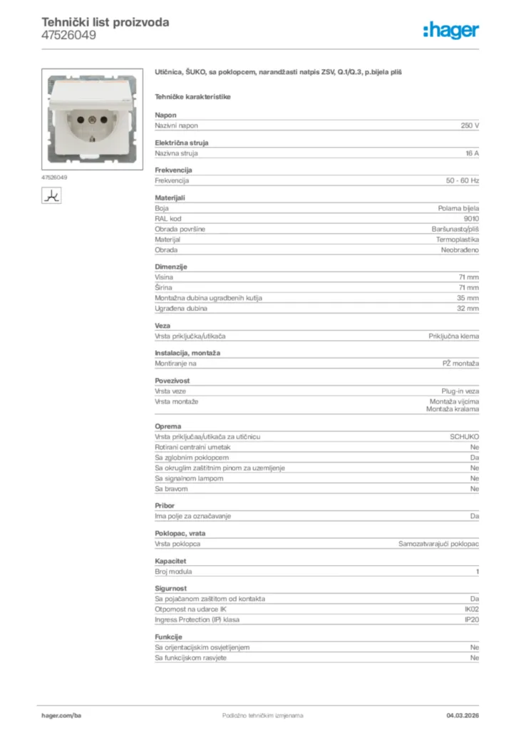 Slika Hager Tehnički list proizvoda 47526049  | Hager