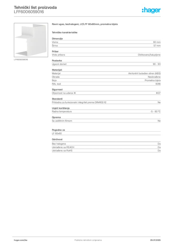 Slika Hager Product data sheet LFF6006059016  | Hager
