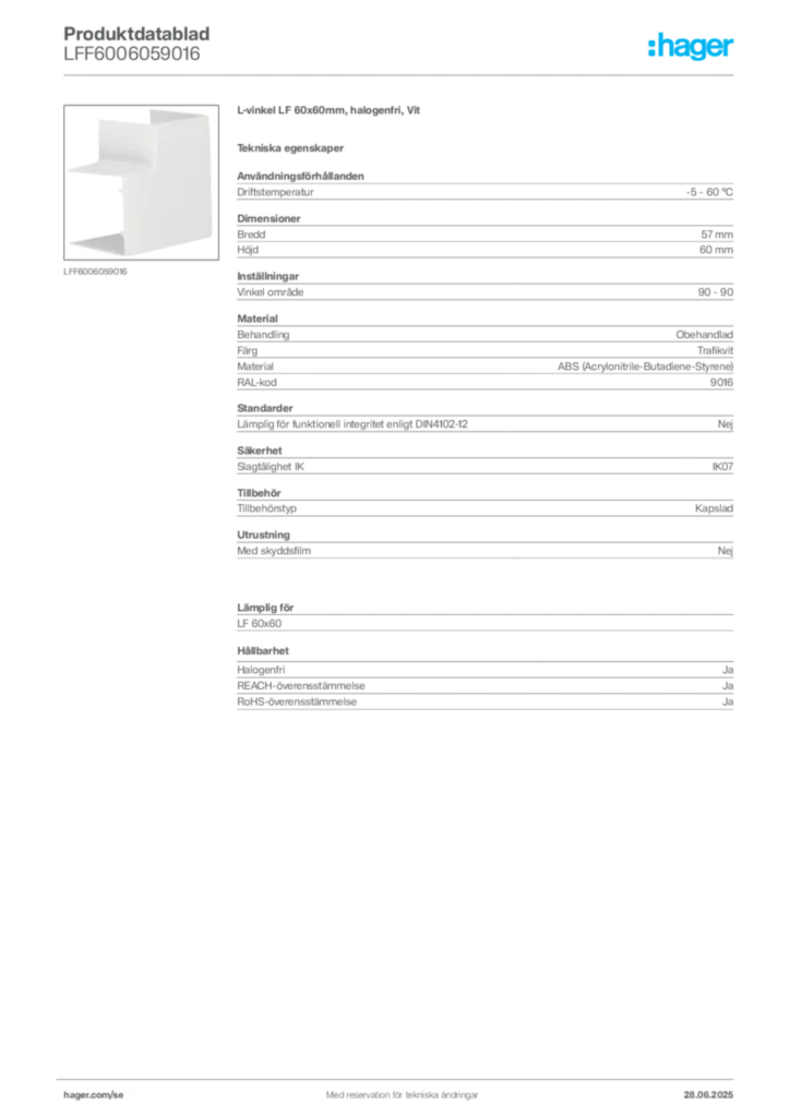 Bild Hager Produktdatablad LFF6006059016 | Hager Sverige
