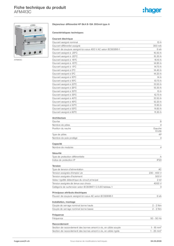 Image Hager Fiche technique du produit AFM413C | Hager Suisse