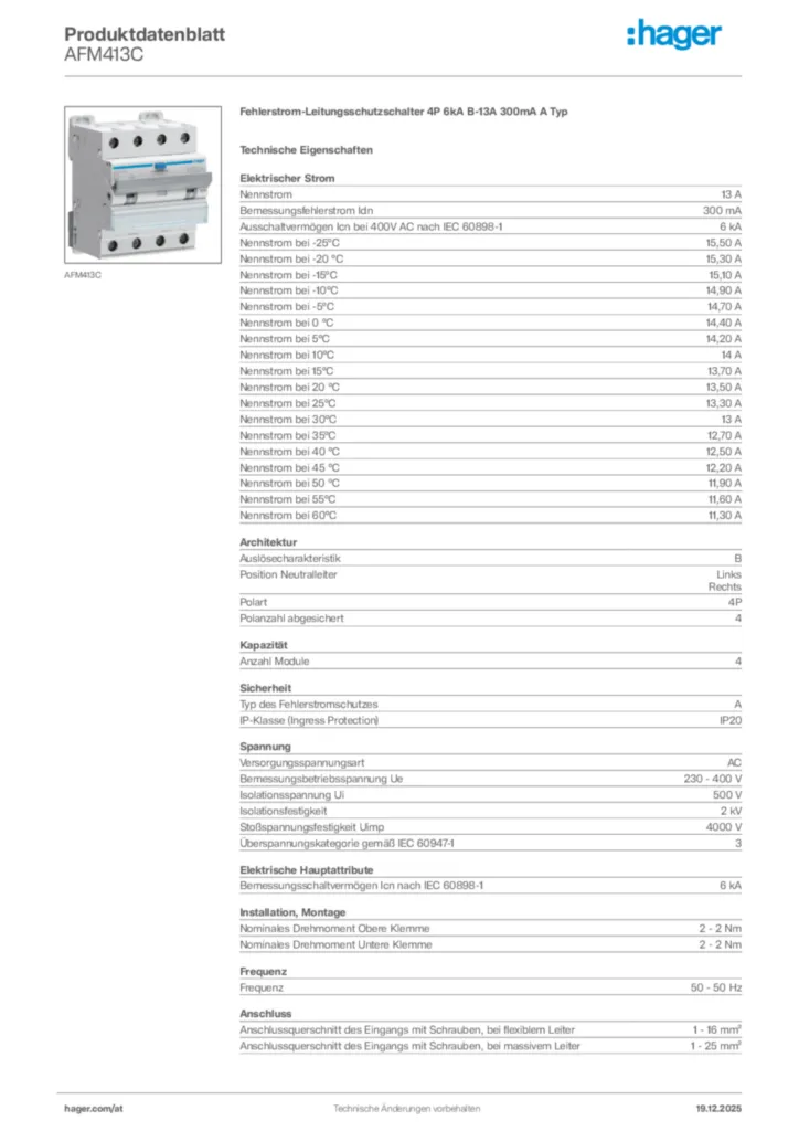Bild Hager Produktdatenblatt AFM413C | Hager Deutschland