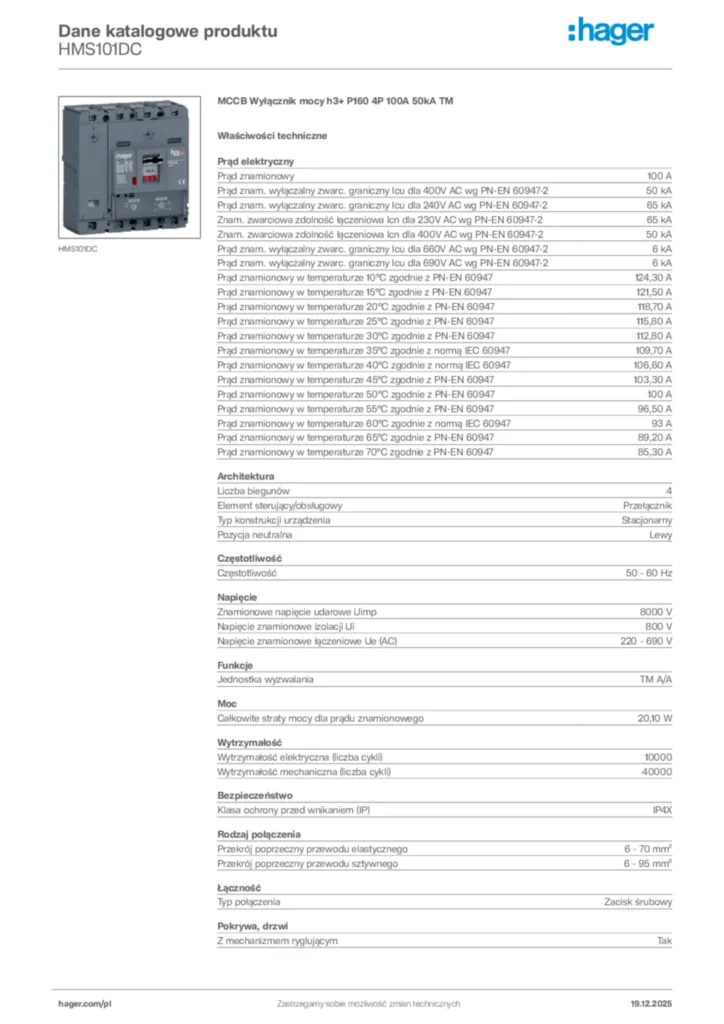 Zdjęcie Hager Karta katalogowa HMS101DC | Hager Polska